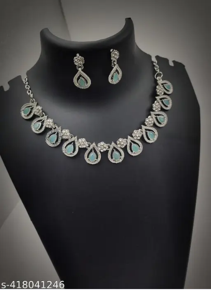 Rhodium Plated Jewellery Set In Light Pistaa Green Color