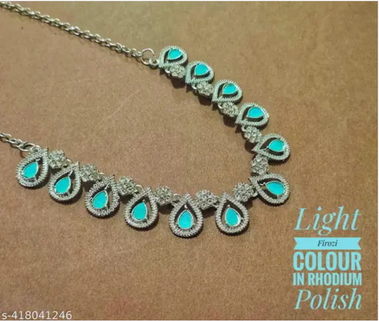Rhodium Plated Jewellery Set In Light Pistaa Green Color