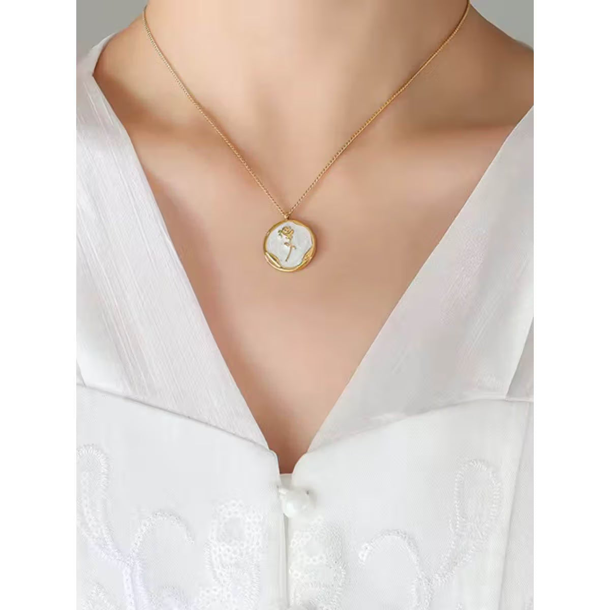 White Enamel Rose Flower Round Pendant Stainless Steel 18k Gold Plated Buy 1 Get 1 free