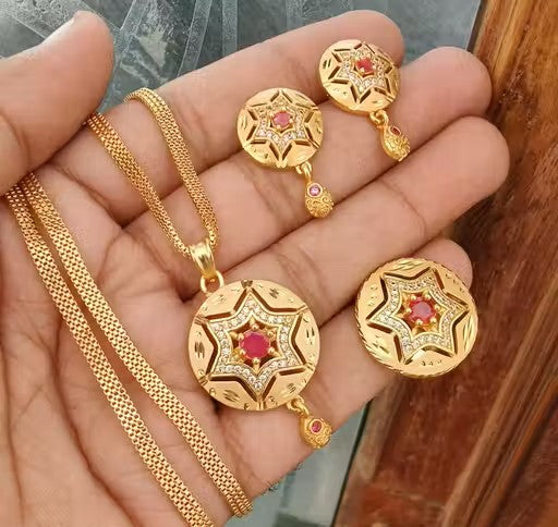 Beautifully Premium Quality Gold Plated Pandant Earings With Adjustable Ring Beautiful 24 Inch Chain Combo